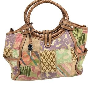 Y2K Fossil Vintage Patchwork Floral Bag Braided Leather Canvas Boho Multi Color